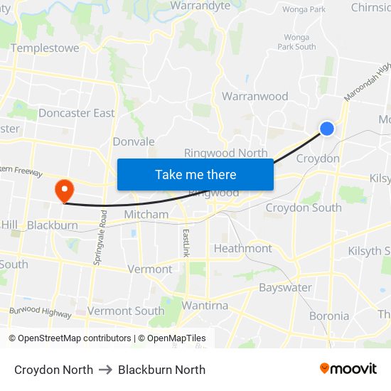 Croydon North to Blackburn North map