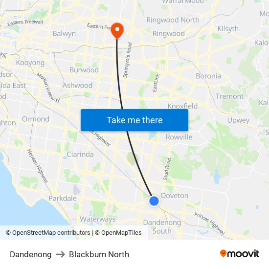 Dandenong to Blackburn North map