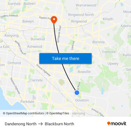 Dandenong North to Blackburn North map