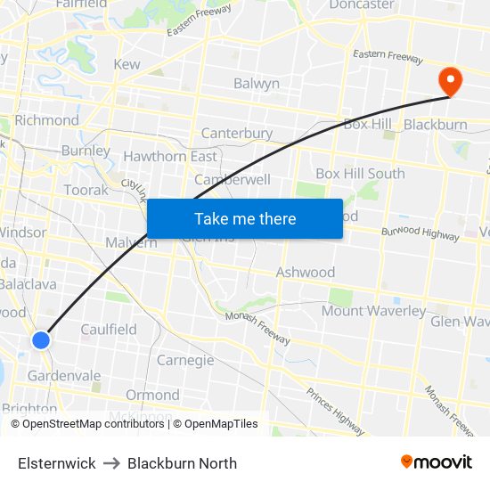 Elsternwick to Blackburn North map