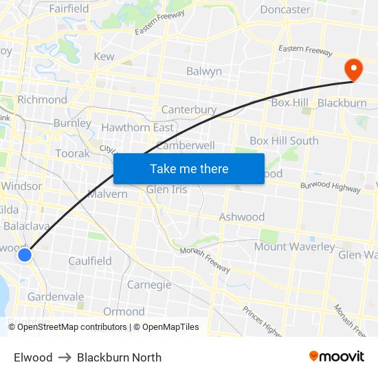 Elwood to Blackburn North map