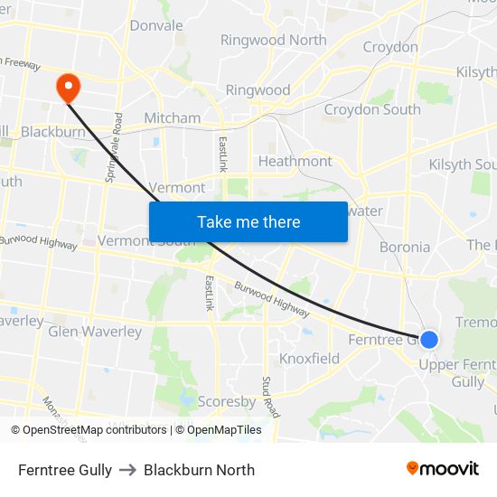 Ferntree Gully to Blackburn North map