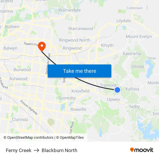 Ferny Creek to Blackburn North map