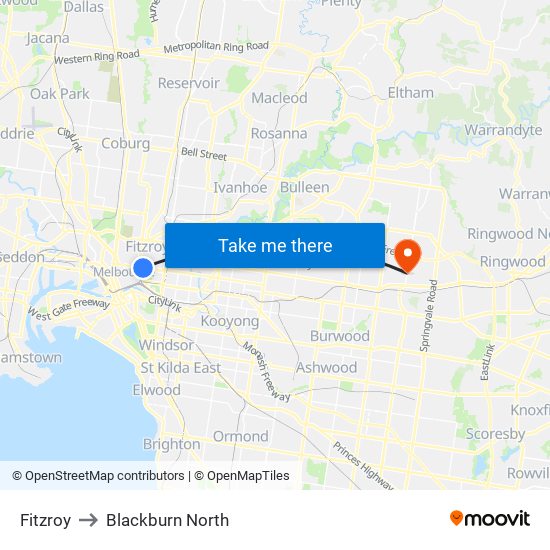 Fitzroy to Blackburn North map