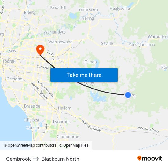 Gembrook to Blackburn North map