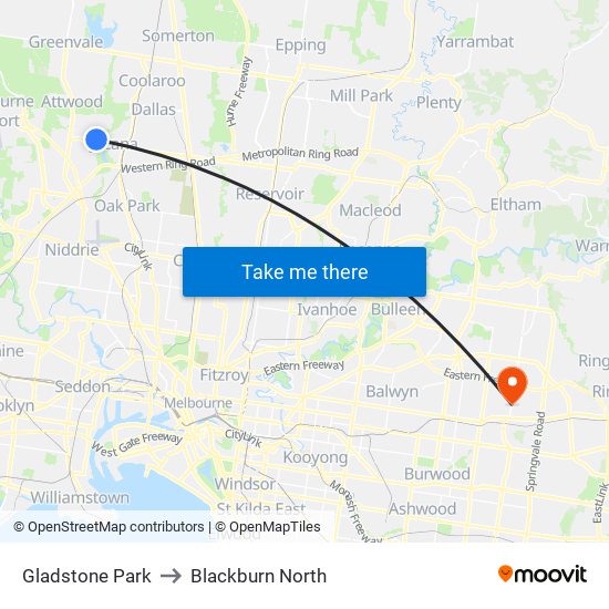 Gladstone Park to Blackburn North map