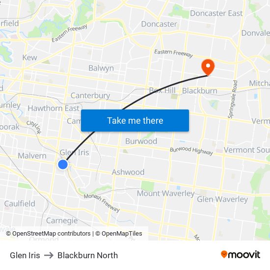 Glen Iris to Blackburn North map