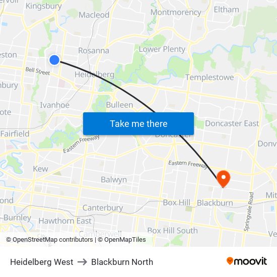 Heidelberg West to Blackburn North map