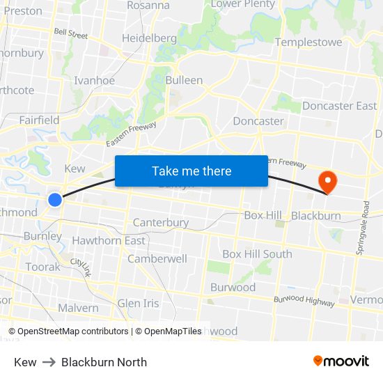 Kew to Blackburn North map