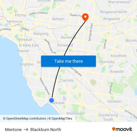 Mentone to Blackburn North map