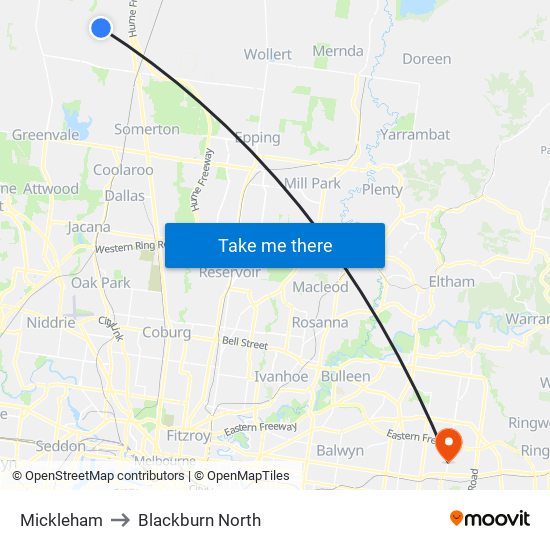 Mickleham to Blackburn North map
