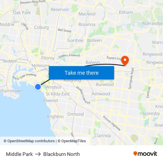 Middle Park to Blackburn North map