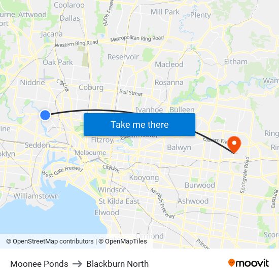 Moonee Ponds to Blackburn North map