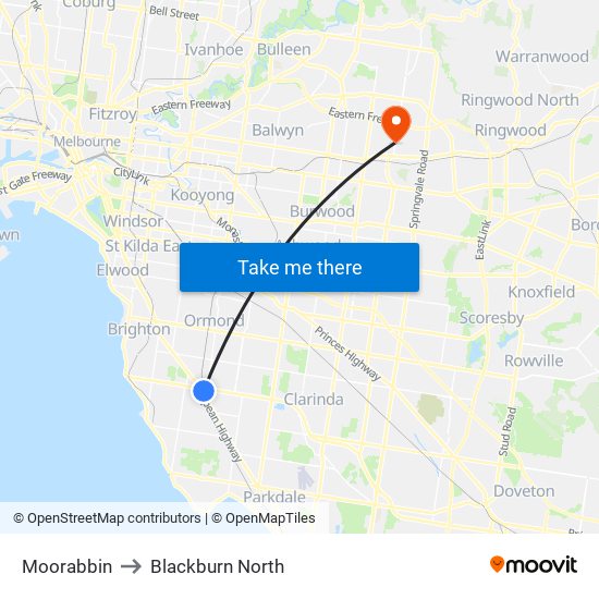 Moorabbin to Blackburn North map
