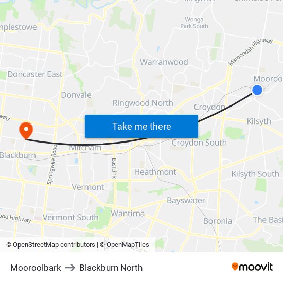 Mooroolbark to Blackburn North map