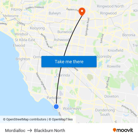 Mordialloc to Blackburn North map