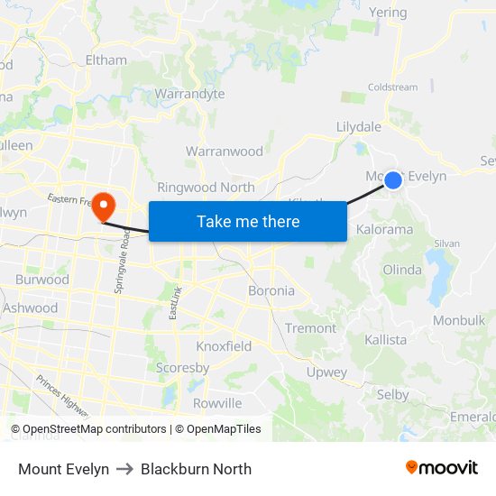 Mount Evelyn to Blackburn North map