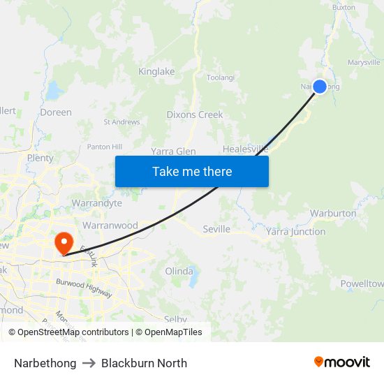 Narbethong to Blackburn North map