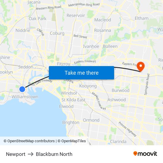 Newport to Blackburn North map