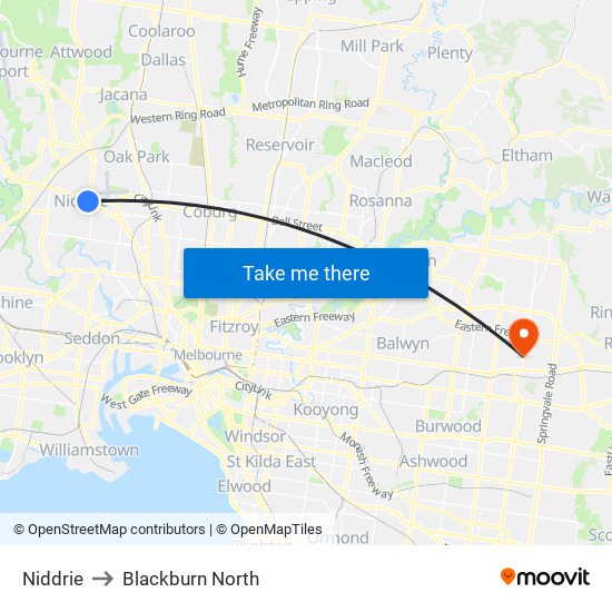 Niddrie to Blackburn North map