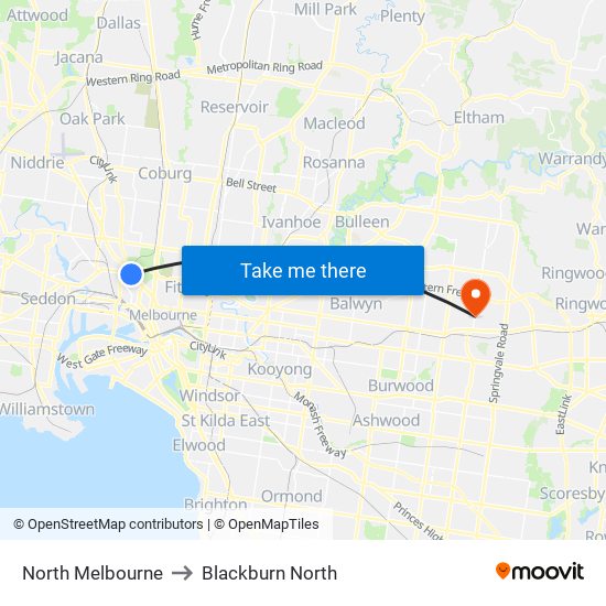 North Melbourne to Blackburn North map