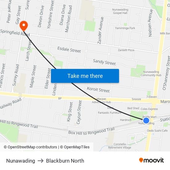 Nunawading to Blackburn North map