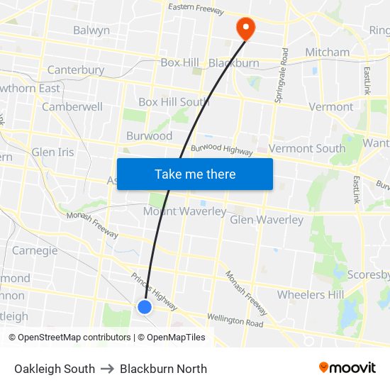 Oakleigh South to Blackburn North map