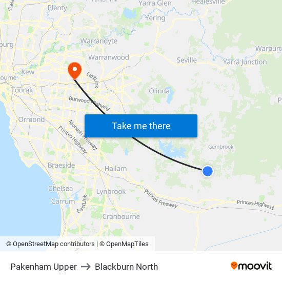 Pakenham Upper to Blackburn North map