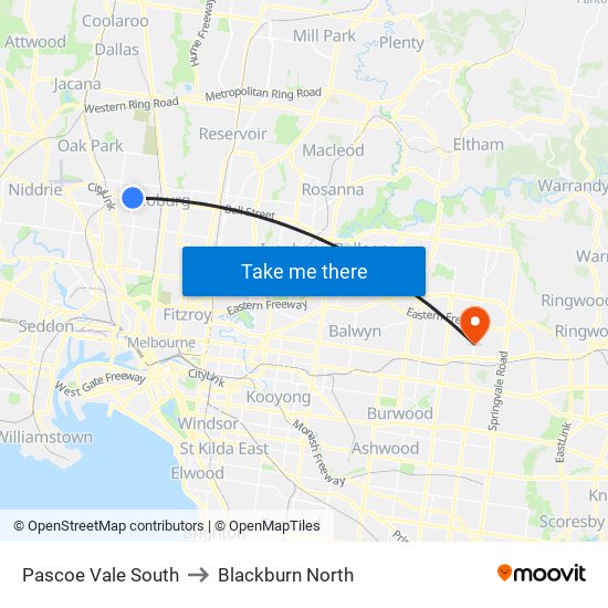 Pascoe Vale South to Blackburn North map