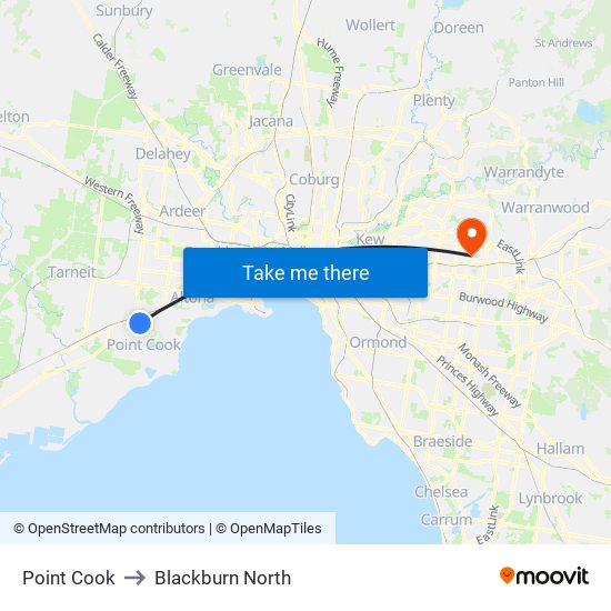 Point Cook to Blackburn North map