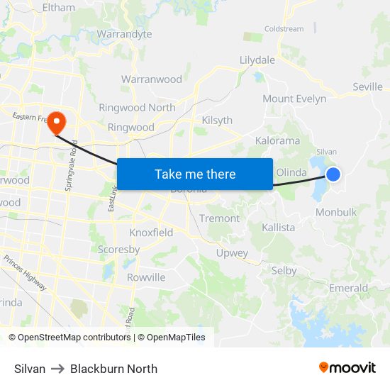 Silvan to Blackburn North map