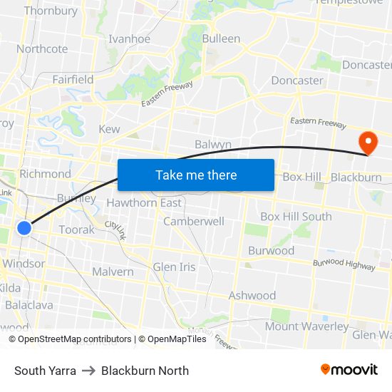 South Yarra to Blackburn North map