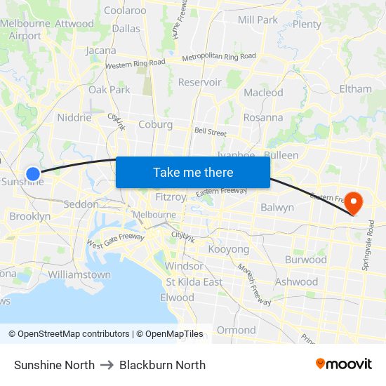 Sunshine North to Blackburn North map