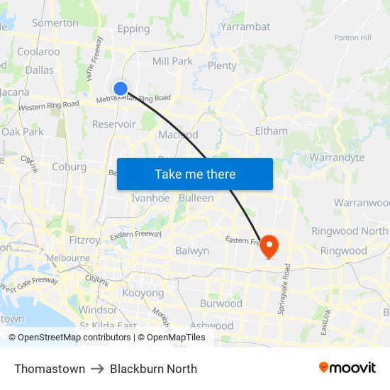 Thomastown to Blackburn North map