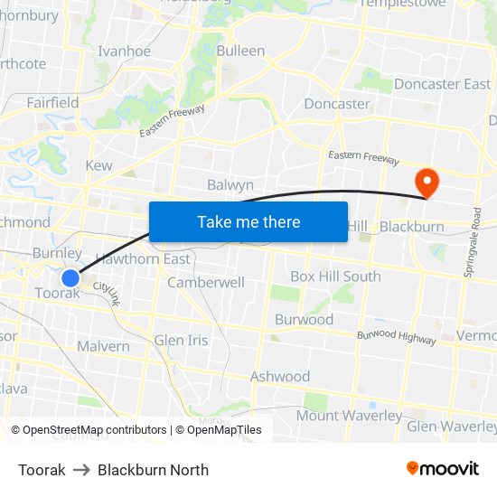 Toorak to Blackburn North map