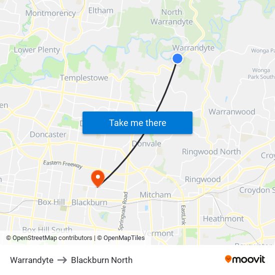 Warrandyte to Blackburn North map