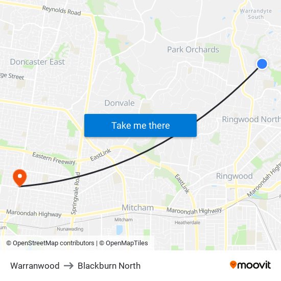 Warranwood to Blackburn North map