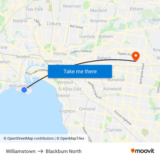 Williamstown to Blackburn North map