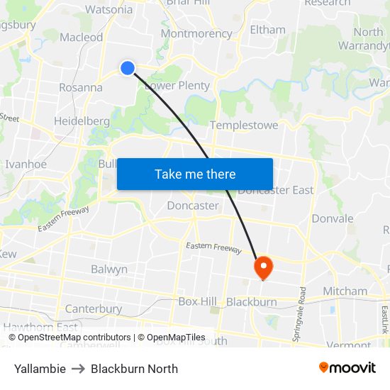 Yallambie to Blackburn North map