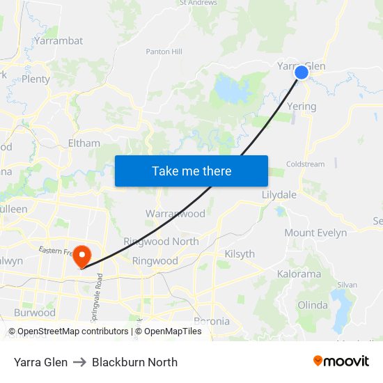 Yarra Glen to Blackburn North map