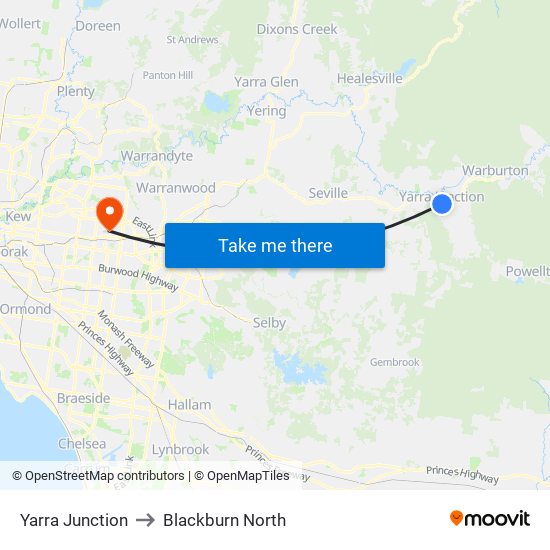 Yarra Junction to Blackburn North map