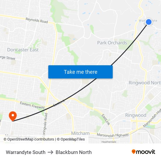 Warrandyte South to Blackburn North map