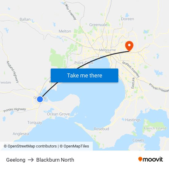 Geelong to Blackburn North map