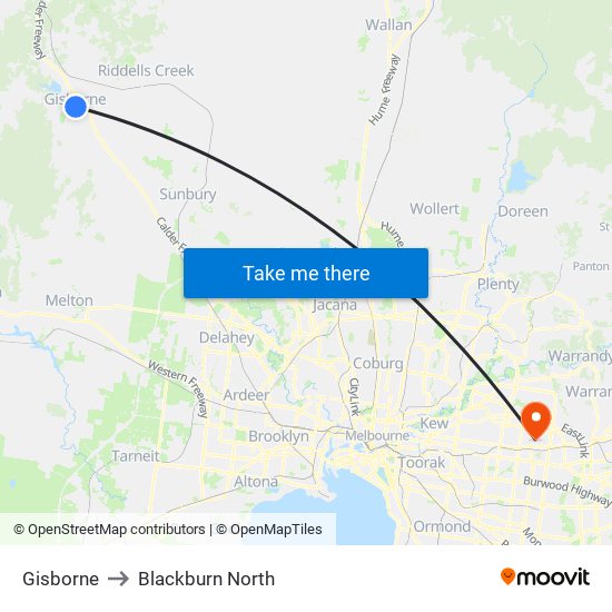 Gisborne to Blackburn North map