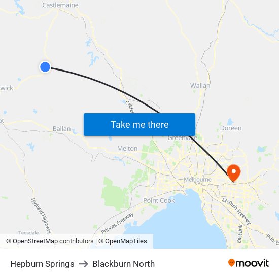 Hepburn Springs to Blackburn North map