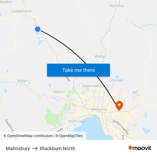 Malmsbury to Blackburn North map