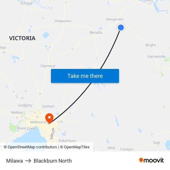 Milawa to Blackburn North map