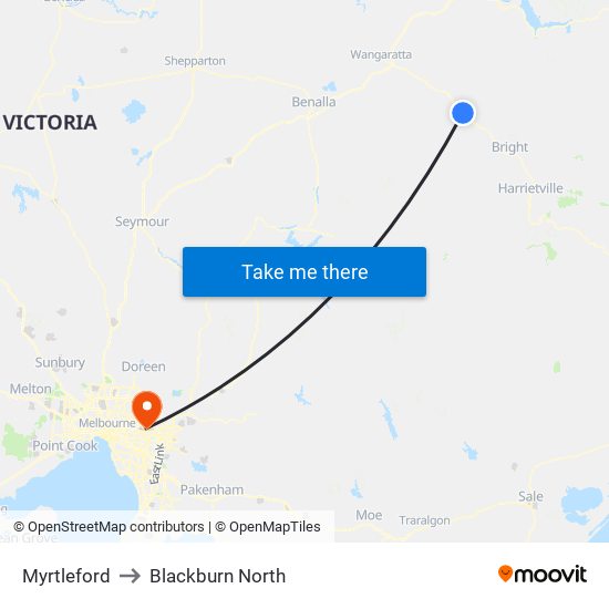 Myrtleford to Blackburn North map