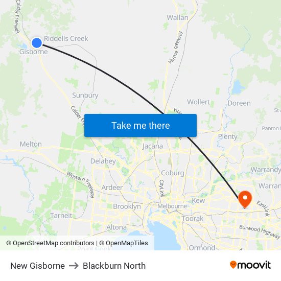 New Gisborne to Blackburn North map