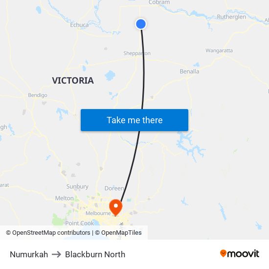 Numurkah to Blackburn North map